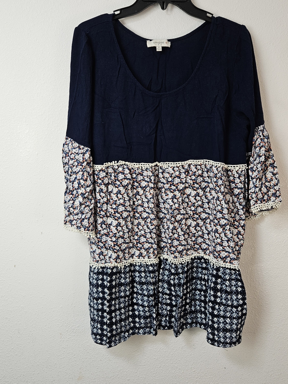 Umgee Navy Mixed-Print Peasant Tunic Size 1XL Boho